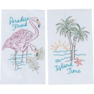Paradise Found Flamingos On Island Time Palm Trees Kitchen Towels Set of 2